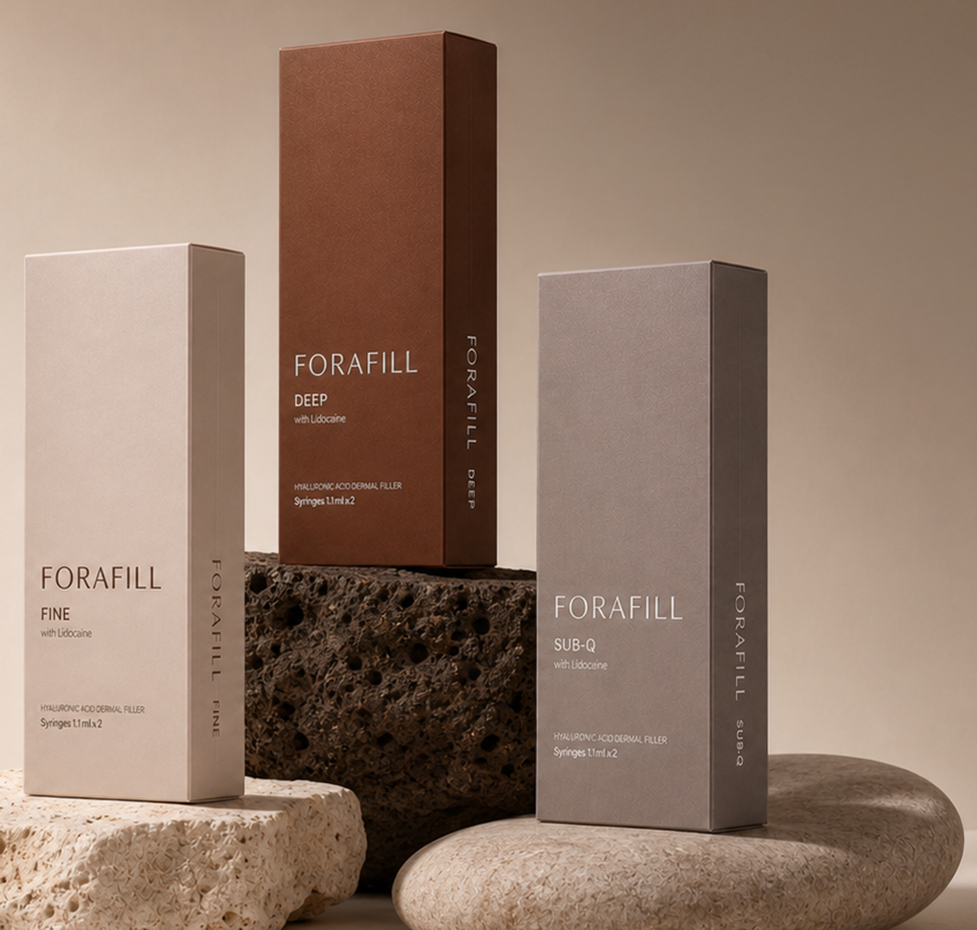 FORAFILL FINE, DEEP and SUB-Q cartons on stone display plinths