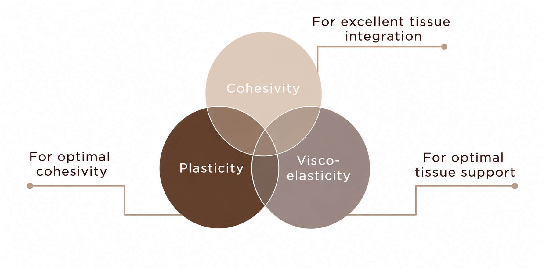 Diagram linking cohesivity, plasticity and viscoelasticity, on a white background