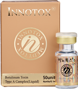 INNOTOX liquid botulinum toxin vial with visible transparent glass and its product box.