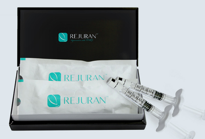 REJURAN product box with two prefilled syringes and sealed packs.