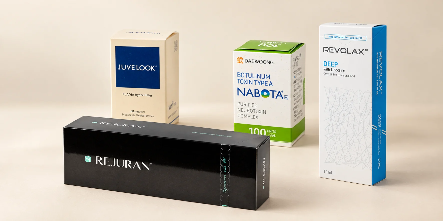 Composición de cajas de Rejuran Healer, Juvelook, Revolax Deep y Nabota 100 Units.
