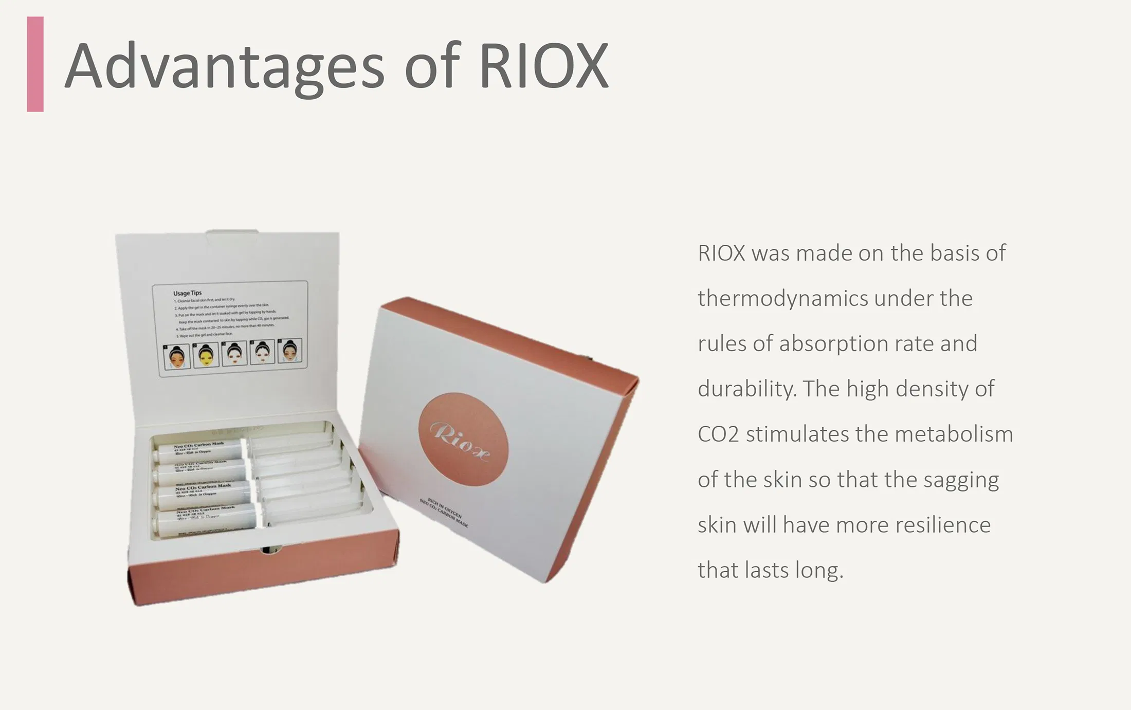 Riox, mascarilla de carbono CO2 rica en oxígeno · información del producto