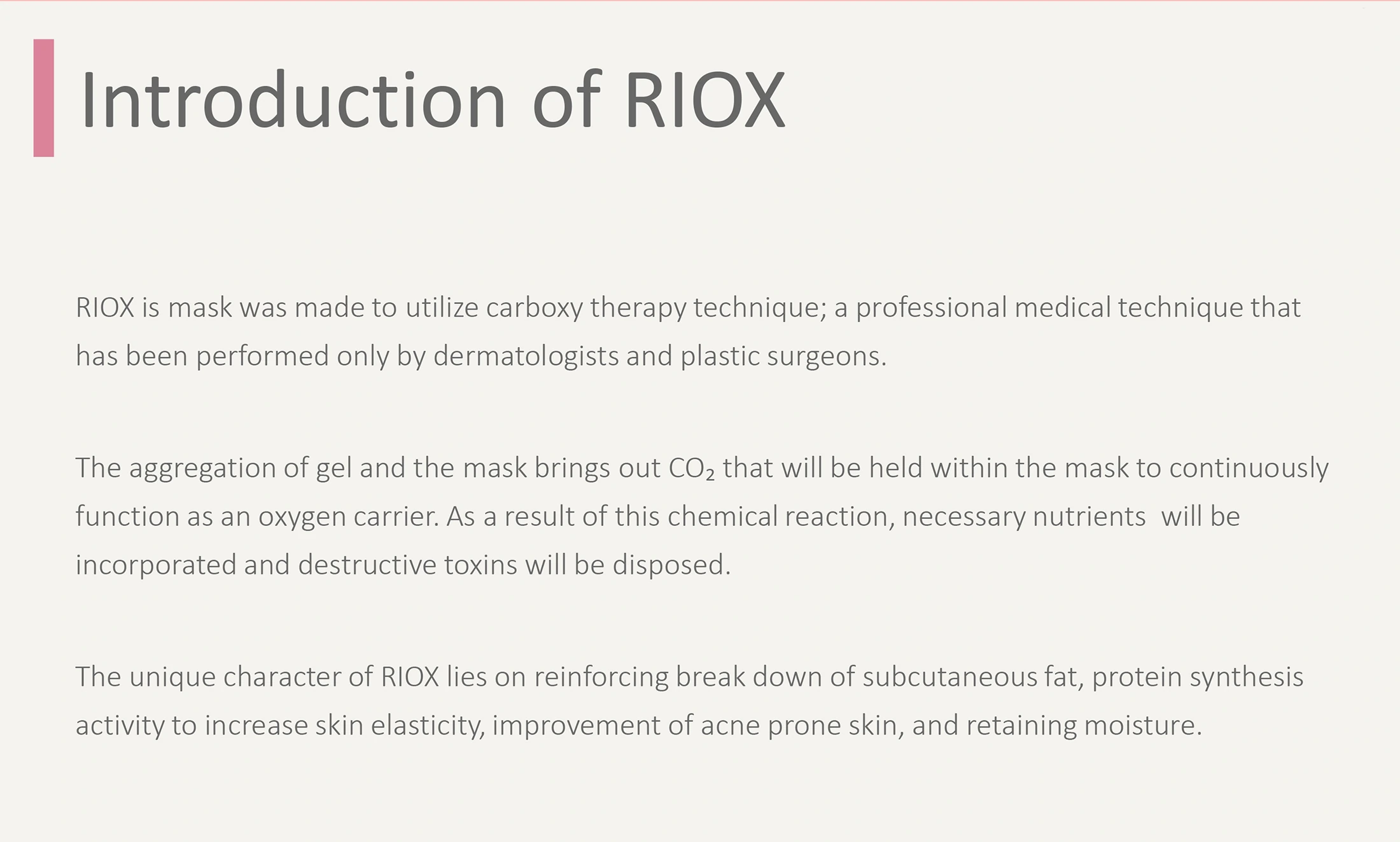 Riox, mascarilla de carbono CO2 rica en oxígeno · información del producto