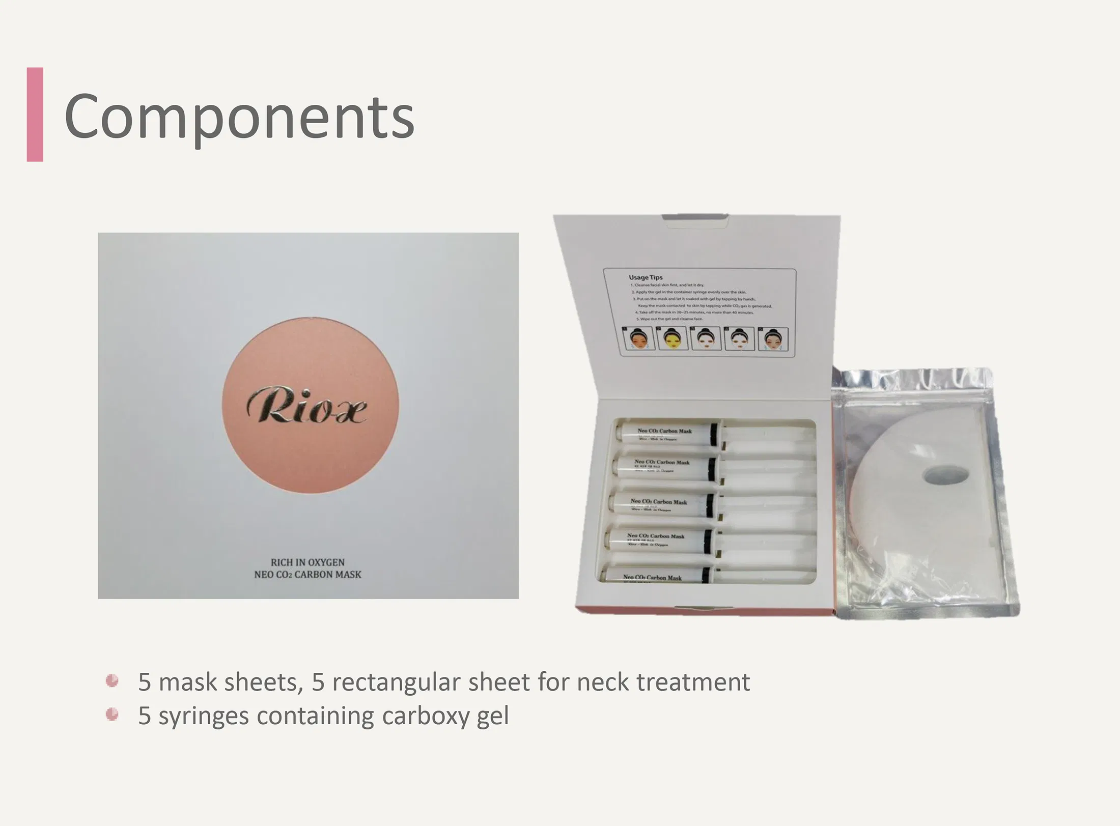 Riox, mascarilla de carbono CO2 rica en oxígeno · información del producto